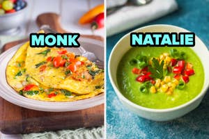 Two dishes labeled 'MONK' and 'NATALIE' with an omelet on the left and green soup with vegetables on the right