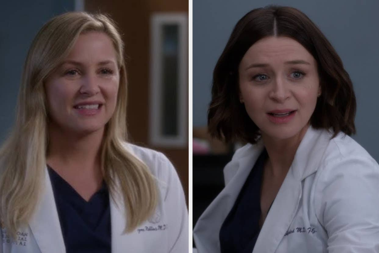 Arizona Robbins and April Kepner from Grey's Anatomy, wearing white lab coats in a medical setting