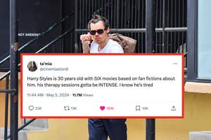 Person sitting on steps, holding drink, wearing sunglasses. Tweet joke about Harry Styles' movie roles and therapy