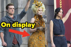 Peeta, Effie in butterfly gown, and Katniss from "The Hunger Games" at a public event; text overlay says "On display"