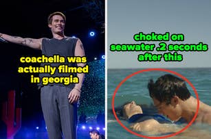 Person standing on stage beside text "coachella was actually filmed in georgia" and person in water with overlay text