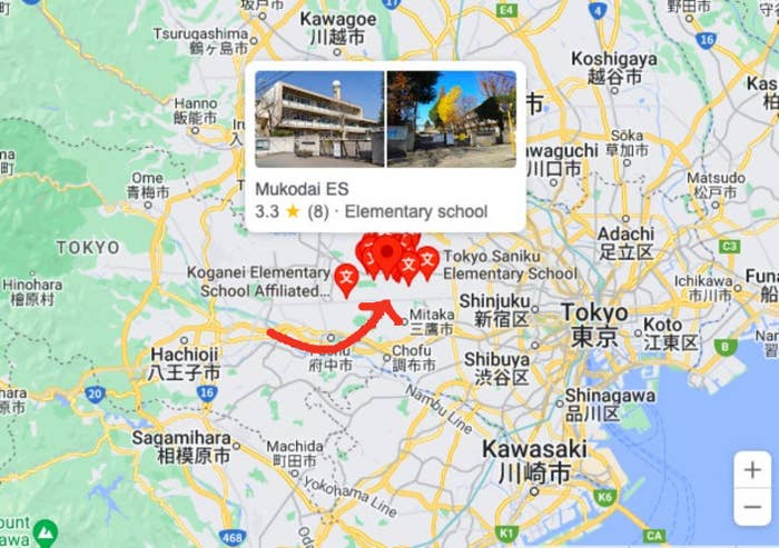 Map showing multiple locations with focus on Mukodai Elementary School amidst Tokyo area map