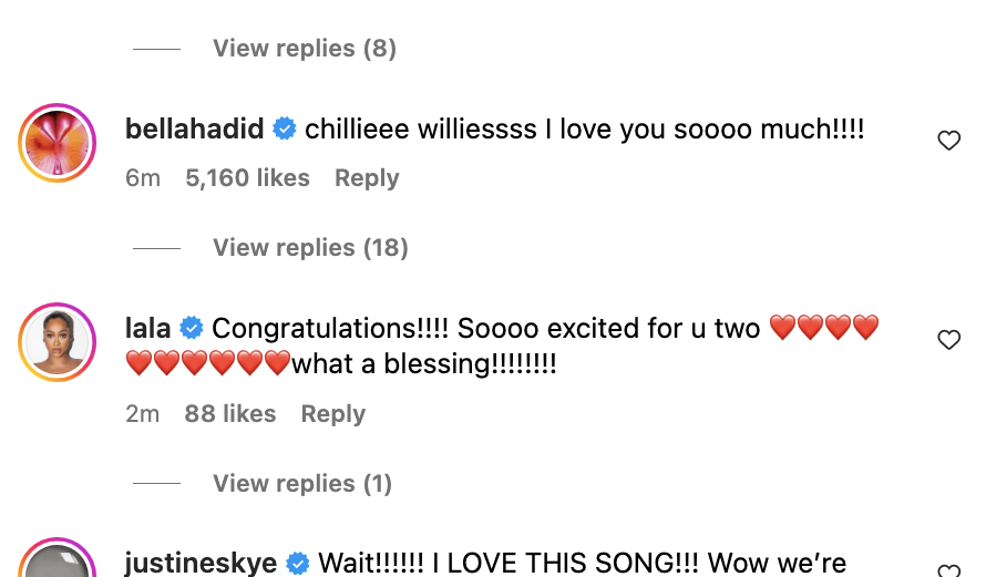 Congratulatory comments from Kylie Jenner, Bella Hadid, and Lala