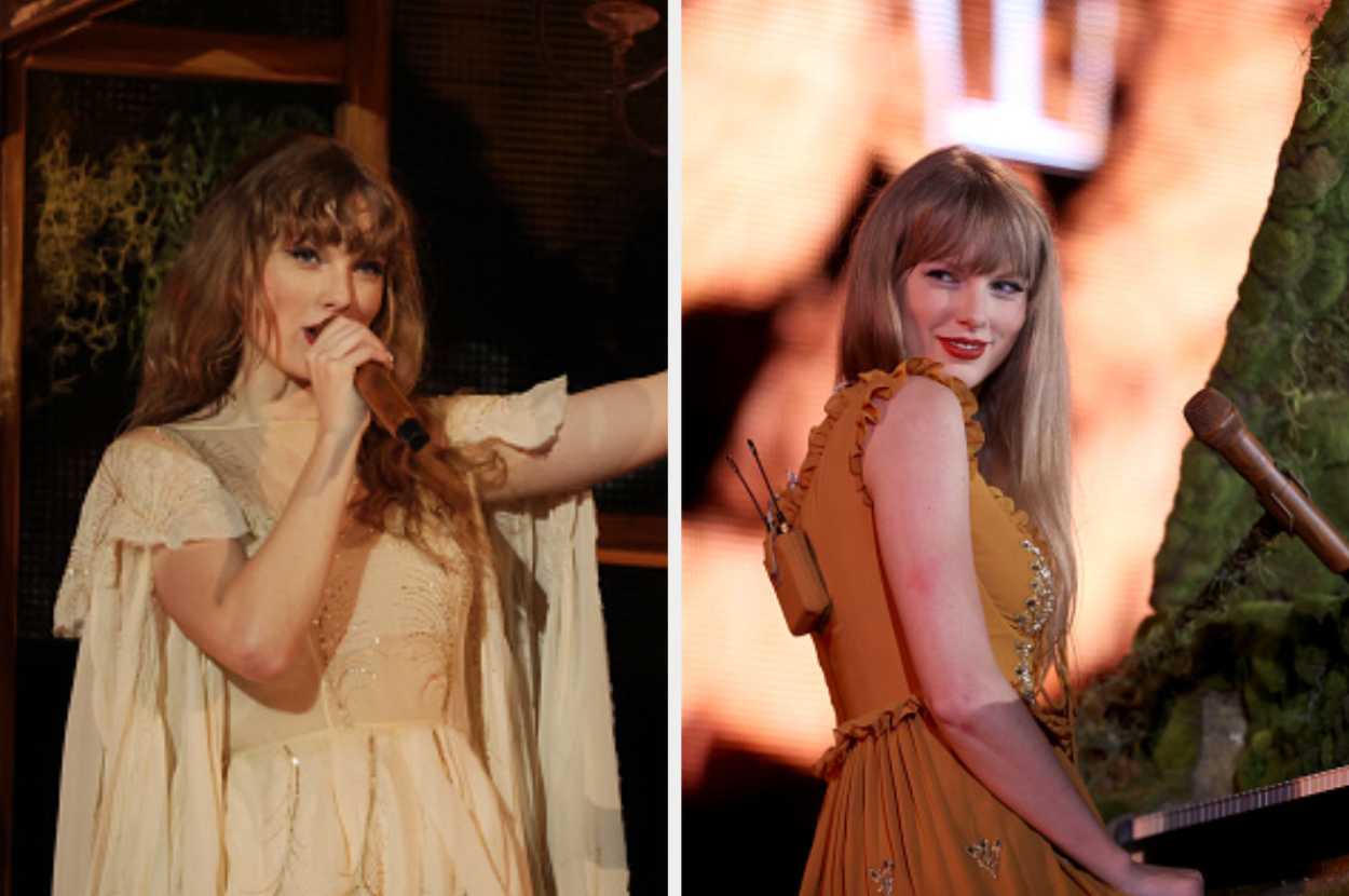 Two side-by-side photos of Taylor Swift performing, left in a white dress and right in a mustard dress with guitar