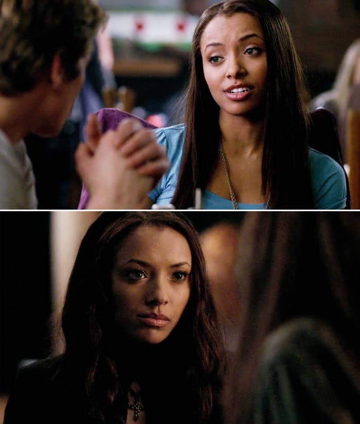 Two scenes from a TV show featuring a female character engaging in conversation