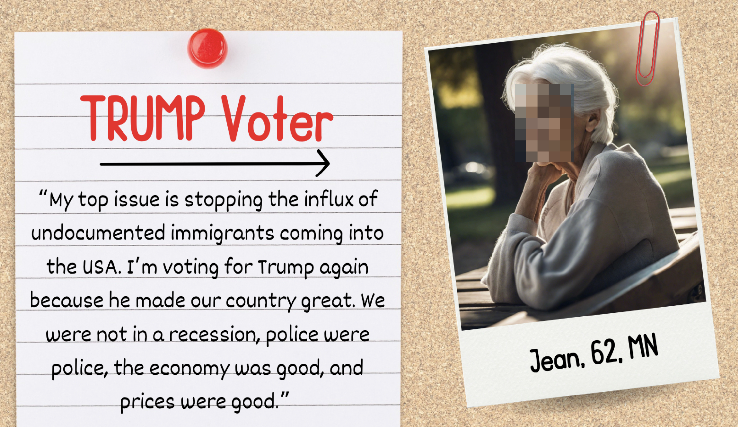 Note summarizing voter&#x27;s stance with &quot;TRUMP Voter&quot; headline; Elderly woman named Jean, 62, from MN appears contemplative