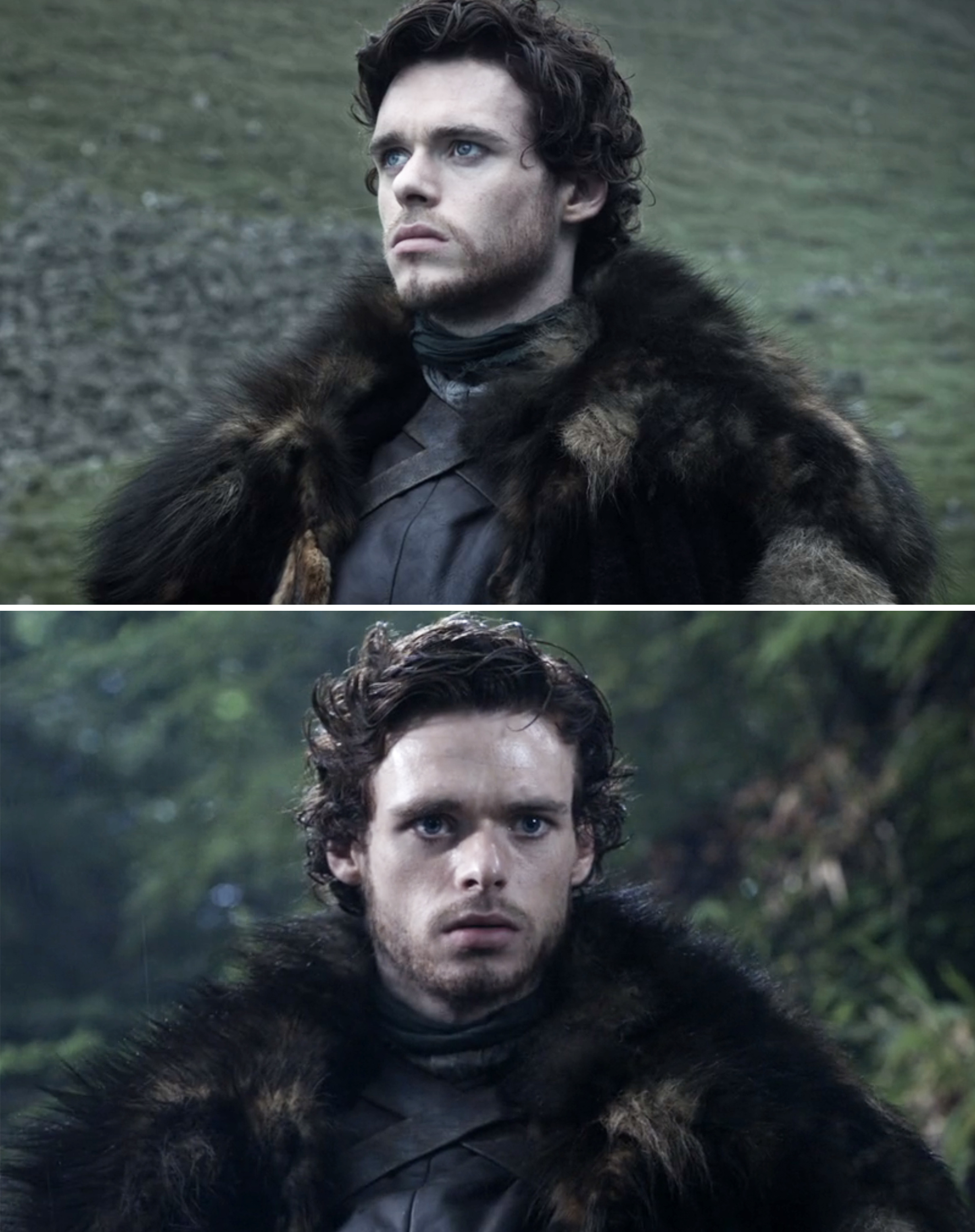 Robb Stark from Game of Thrones wearing a fur cloak, looking contemplative in outdoor settings
