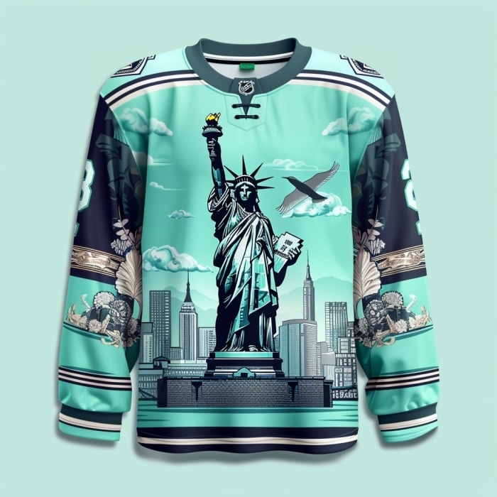 Hockey jersey with a graphic of the Statue of Liberty and New York City landmarks