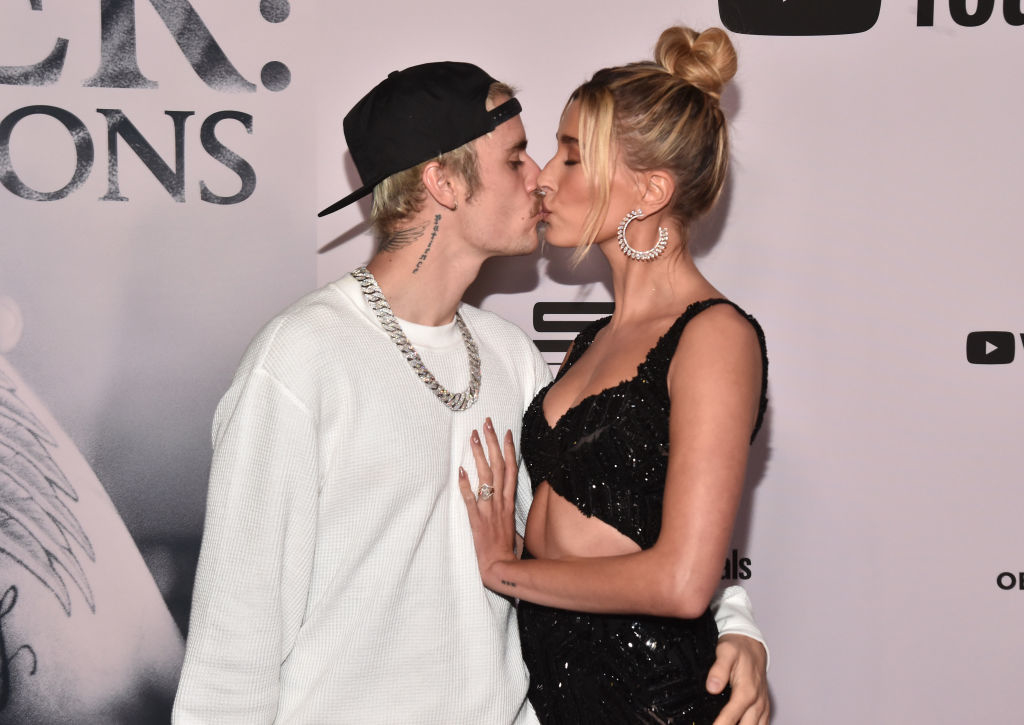 Closeup of Justin and Hailey Bieber kissing