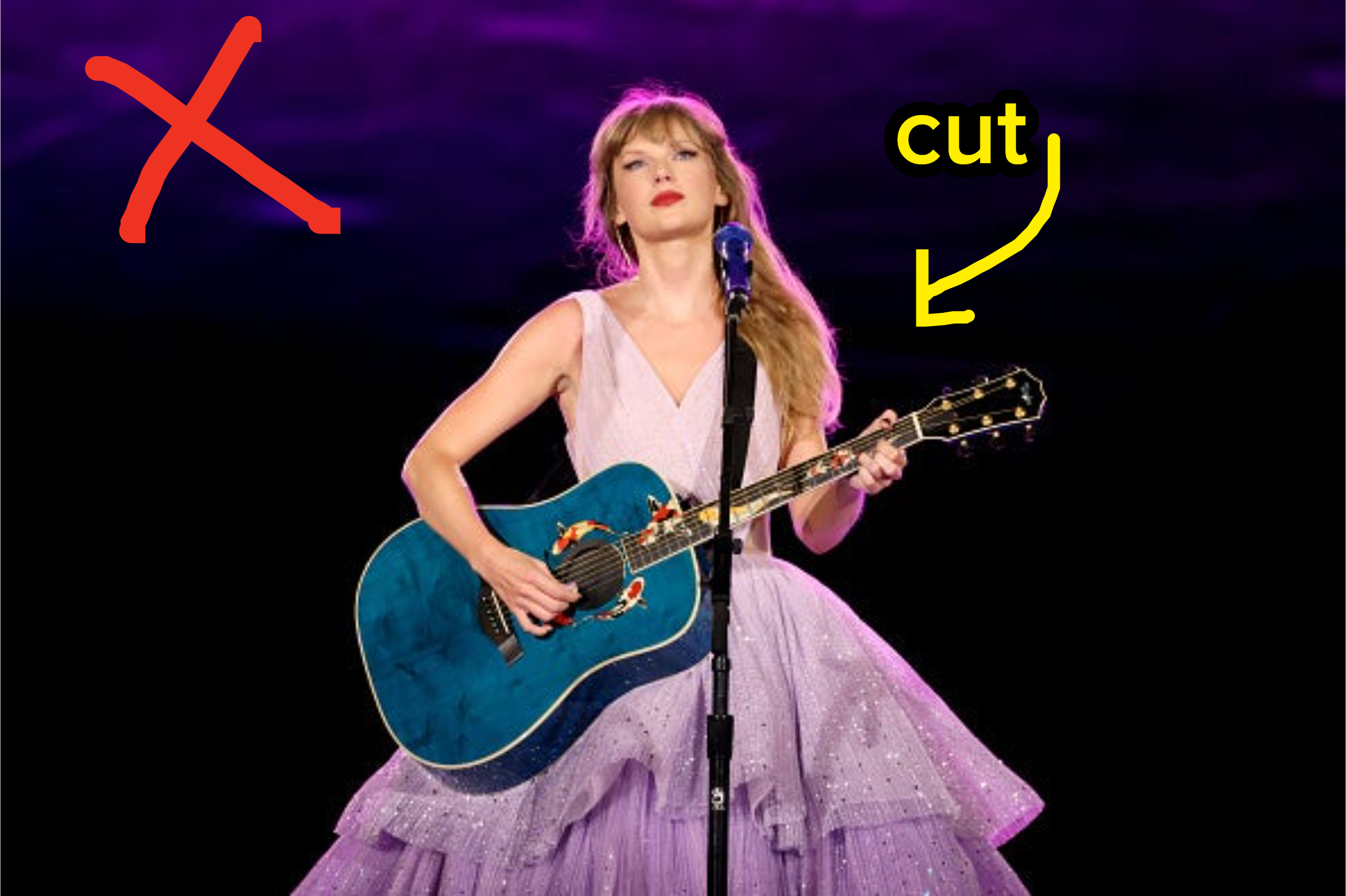Taylor Swift performs onstage with a guitar, wearing a sparkling fringe dress