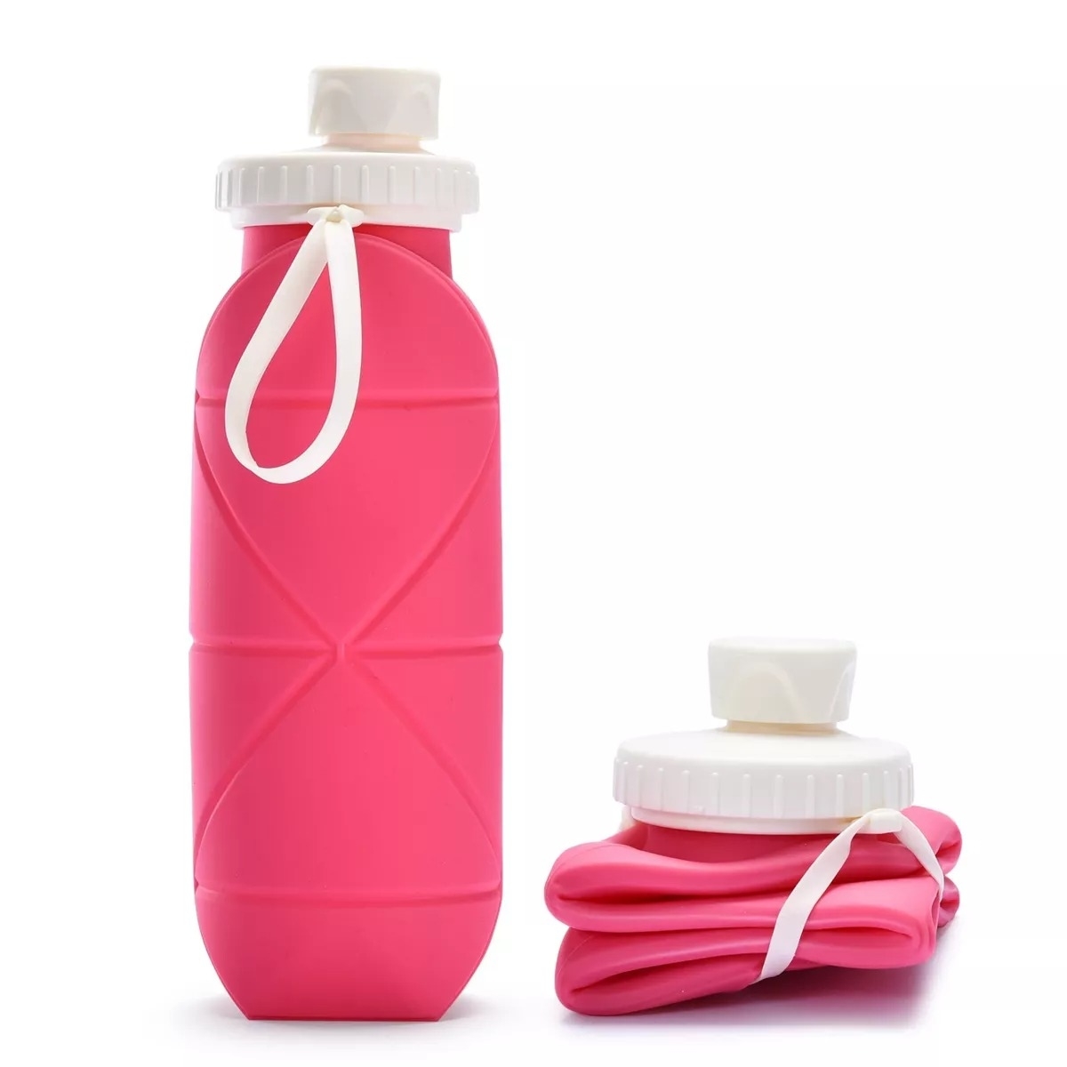 Collapsible silicone water bottle shown expanded and folded next to its lid
