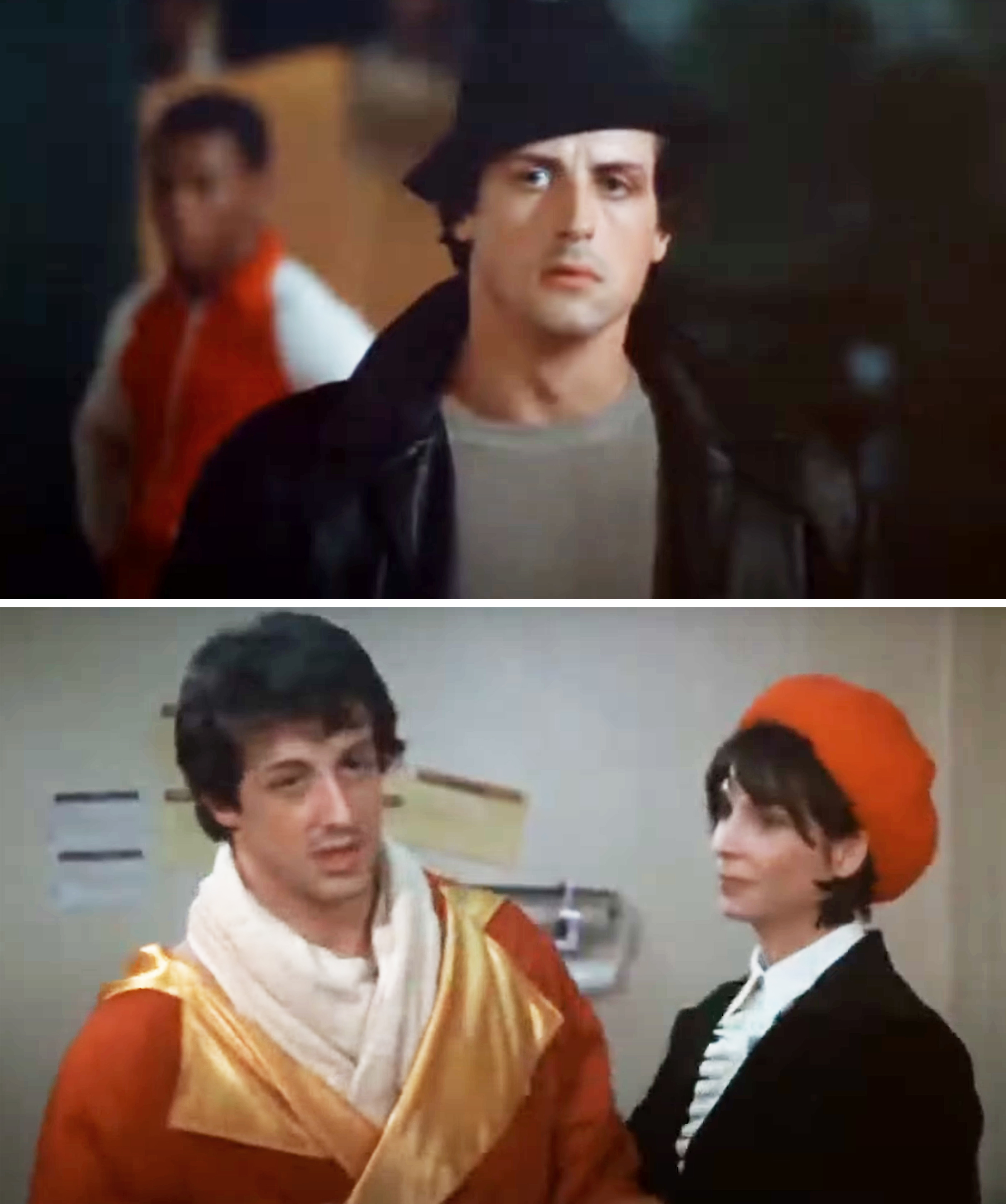 Sylvester Stallone as Rocky in a black leather jacket and Adrian in an orange beanie and black coat in scenes from the movie Rocky