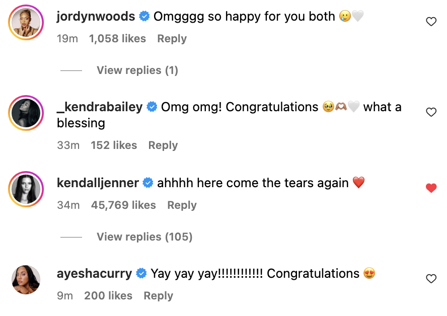Congratulatory comments from Jordyn Woods, Kendra Bailey, Kendall Jenner, and Ayesha Curry
