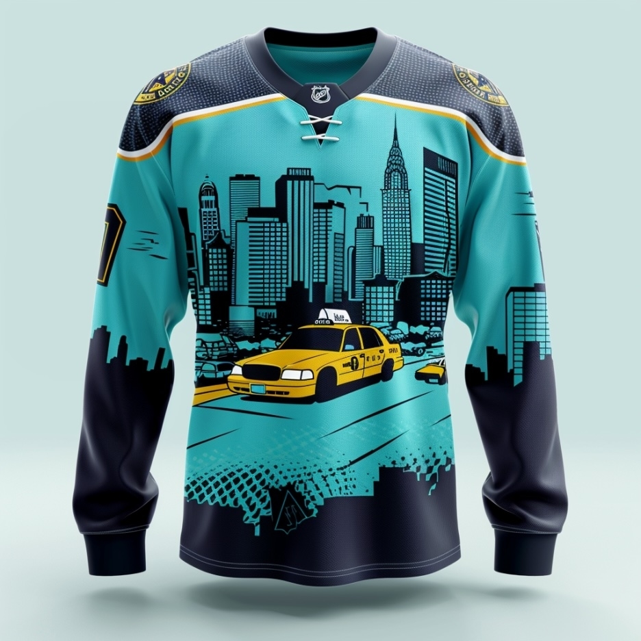 Hockey jersey with city skyline, taxi, and geometric patterns, no people visible