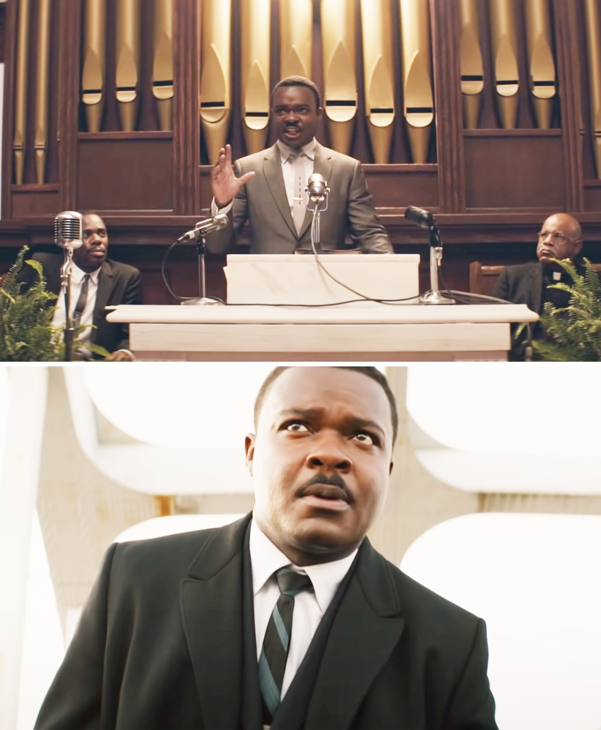 Actor portraying Martin Luther King Jr. gives a speech; intense close-up of his determined expression