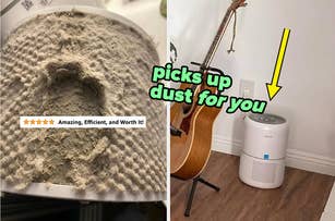 Before and after image showing a dirty air filter and a clean air purifier with a highlighted review saying it's amazing and efficient