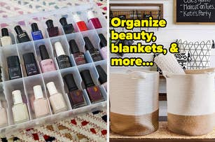 Various nail polish bottles organized in clear container; two woven baskets to store items like blankets