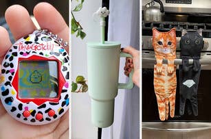 a patterned Tamagotchi, an insulated tumbler and cat-shaped dish towels