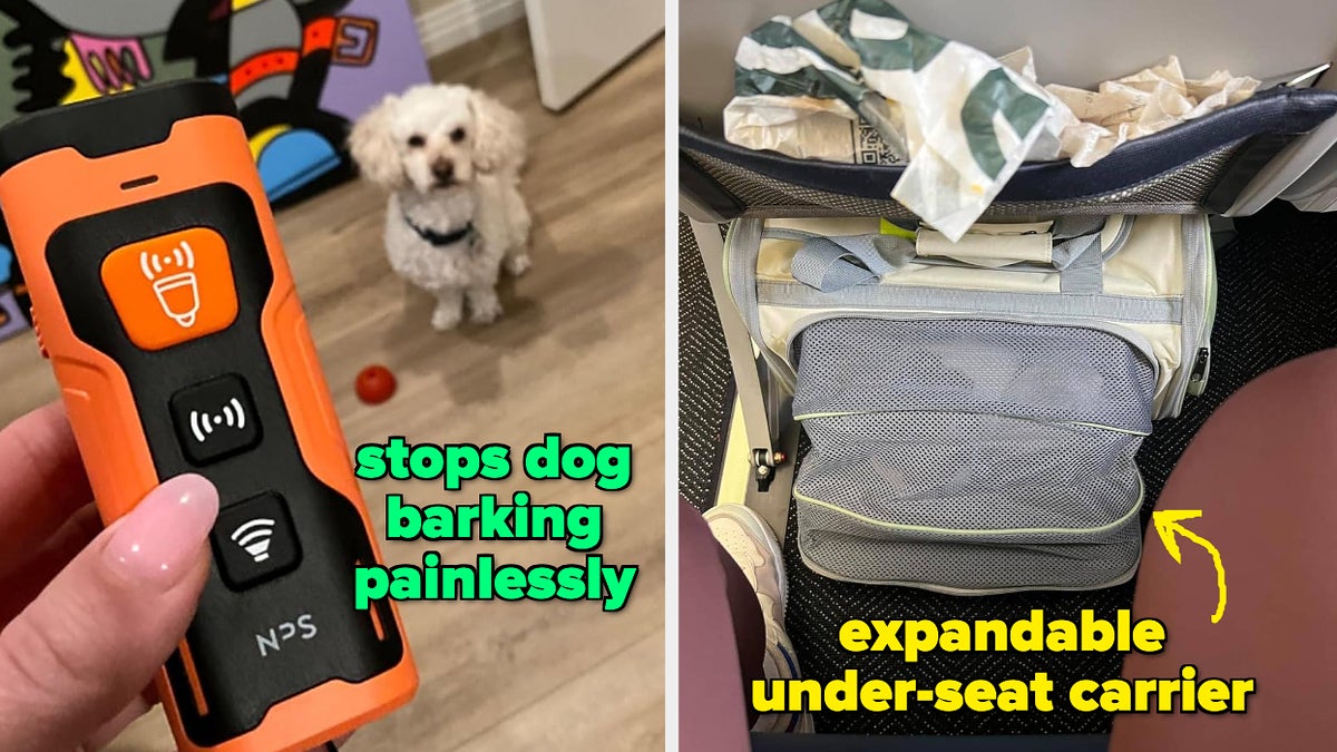Two images: left shows a handheld dog bark deterrent device with a dog in background; right highlights an expandable pet carrier under a plane seat