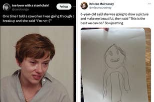 Left: Woman crying in an office setting. Right: Child's drawing of a person labeled by an adult