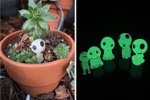 Decorative glow-in-the-dark garden figurines resembling small, friendly aliens beside plants, available for nighttime garden ambiance