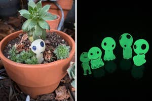 Decorative glow-in-the-dark garden figurines resembling small, friendly aliens beside plants, available for nighttime garden ambiance