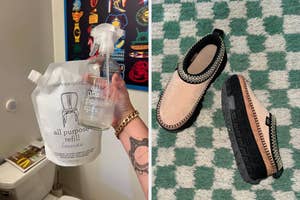 A reusable cleaning spray bottle next to eco-friendly refill pouch; ugg shoes