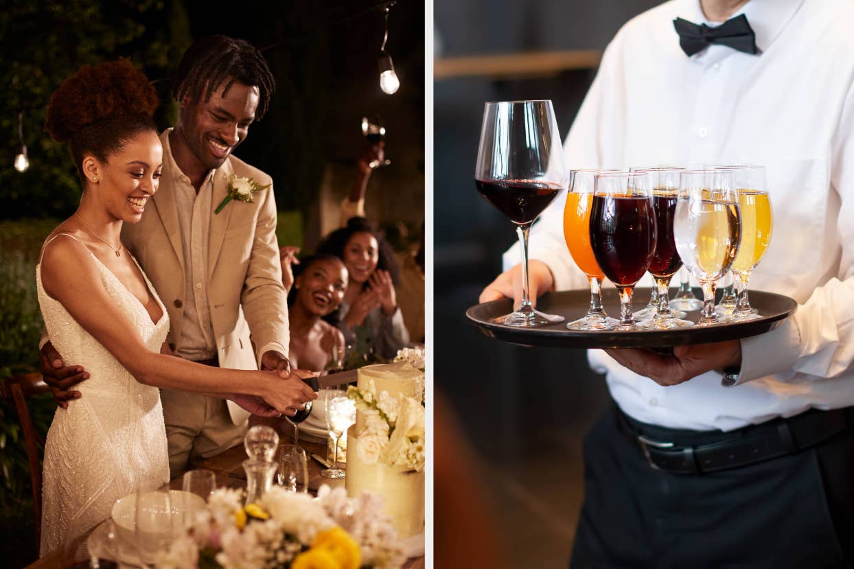 A newlywed couple cuts the wedding cake, guests in background; a waiter carries a tray with drinks at an event