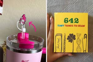 a my melody straw topper and reviewers hand next to a 642 tiny things to draw book