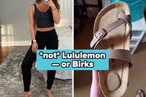 Side-by-side comparison of a person wearing a black cropped top and pants next to a photo of a sandal with text "not Lululemon — or Birks."