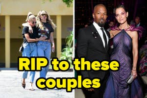 Photo of two separate images: left side shows a couple walking close together, right side features a couple posing at an event. Text "RIP to these couples" overlays