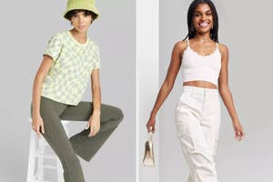 Models wearing the high-rise flare green leggings and white cargo pants