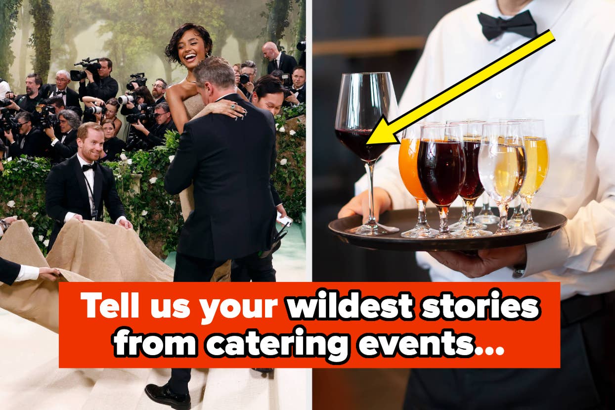 Left: Person laughs while another kneels on red carpet. Right: Close-up of a tray holding beverages. Text: Tell us your wildest stories from catering events