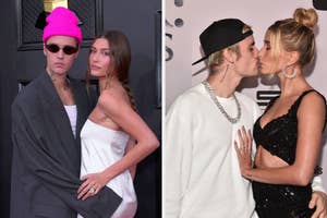 Two side-by-side photos of Justin Bieber and Hailey Bieber, first posing, then kissing on the cheek, at an event