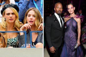 Two split images: Left, two women at an event; Right, Jamie Foxx and Katie Holmes in formal attire at a gala