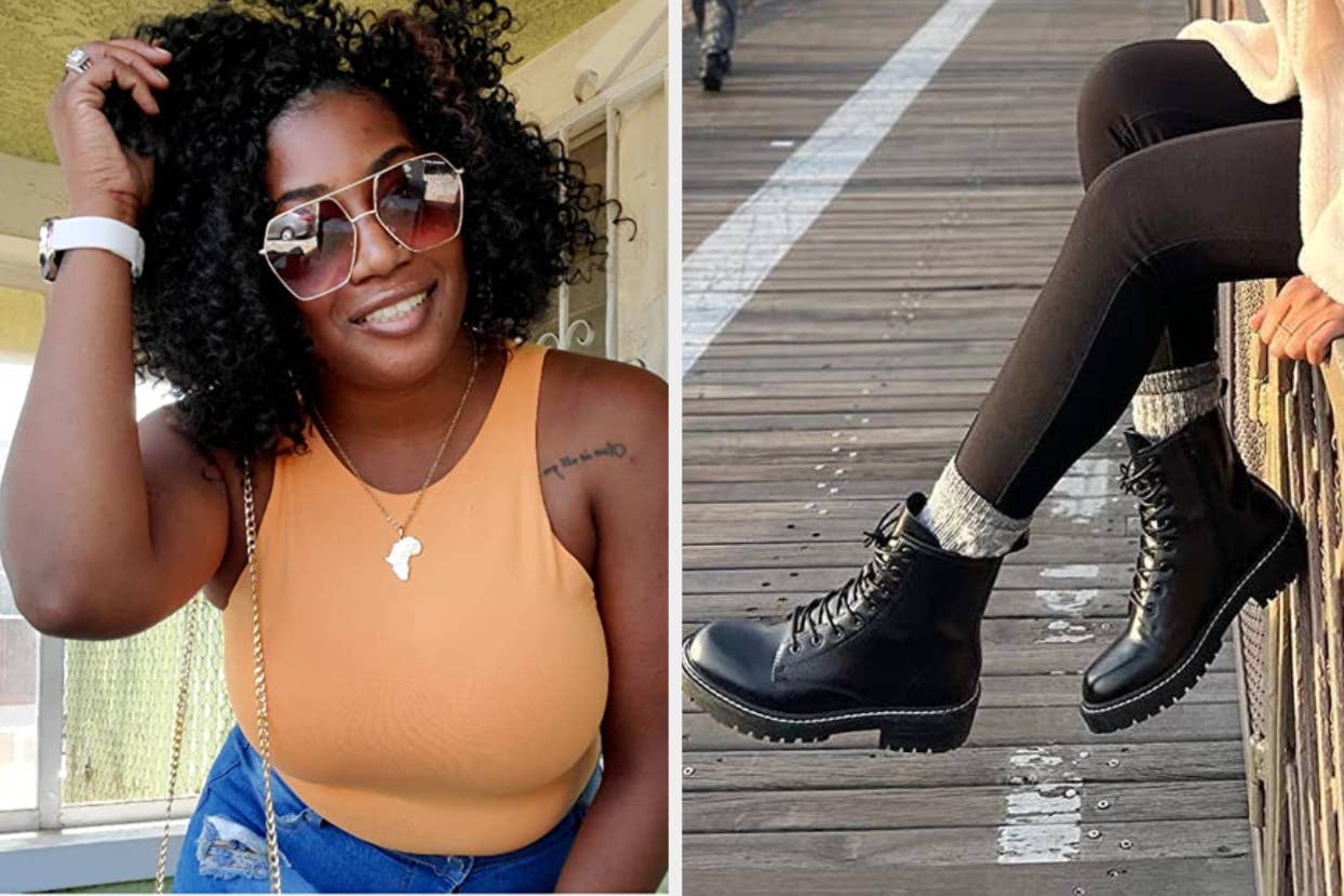 Person on left poses in sunglasses and casual wear, on right, focus on lace-up boots paired with knit socks