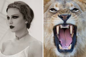 Split image: Left - Person with gothic makeup and headpiece, Right - Roaring lion