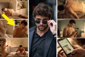 Collage of a man in various scenes, including lying in bed, dressing, and using a cellphone