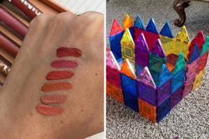 Five lipstick swatches on a wrist; a colorful transparent block castle on a carpet