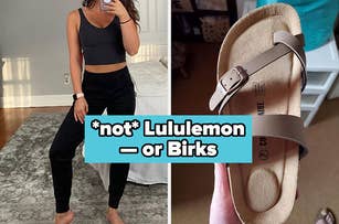 Side-by-side comparison of a person wearing a black cropped top and pants next to a photo of a sandal with text "not Lululemon — or Birks."