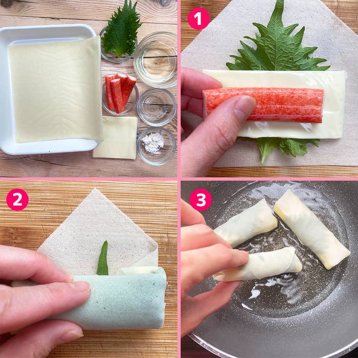 春巻きの作り方を順番に示す画像。1:具材準備、2:包む工程、3:調理シーン。