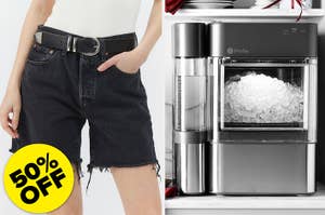 on the left black cutoff levi's 501 shorts, on the right a nugget ice maker