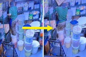 A man reaching for an item in a tightly packed pantry with various containers before and after it falls