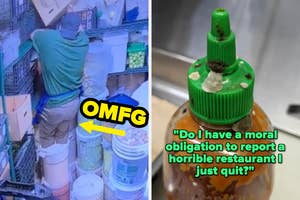 Security camera still of a person stocking shelves and close-up of a dirty condiment bottle with text questioning ethical duty to report unsanitary conditions