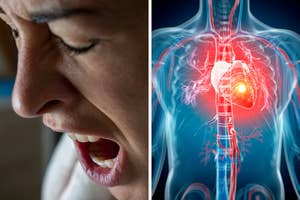 Split image: Close-up of a person mid-sneeze and an illustrative diagram of human respiratory system with highlighted area
