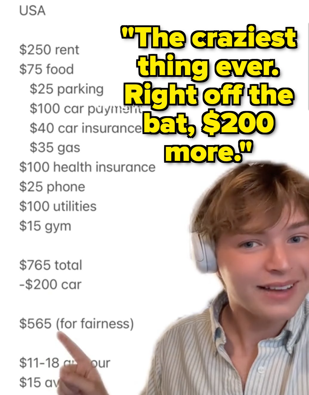 Person gesturing towards a projected budget list including rent, car expenses, and personal costs