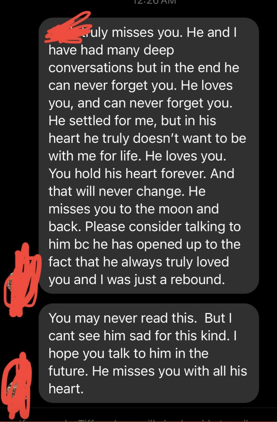 Text message expressing deep longing and hope for reconciliation, with portions redacted