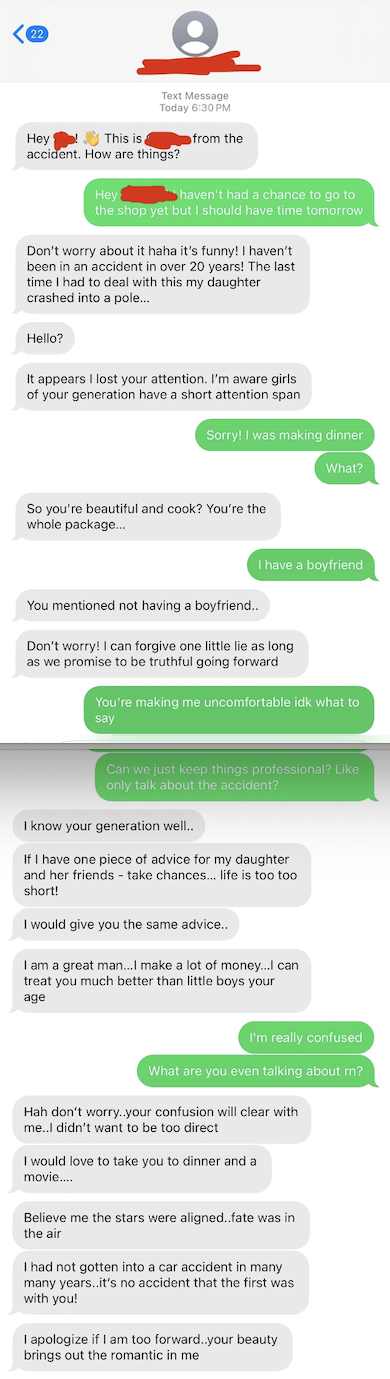 Two people texting about misunderstanding a date proposal; one assures they are not a stalker