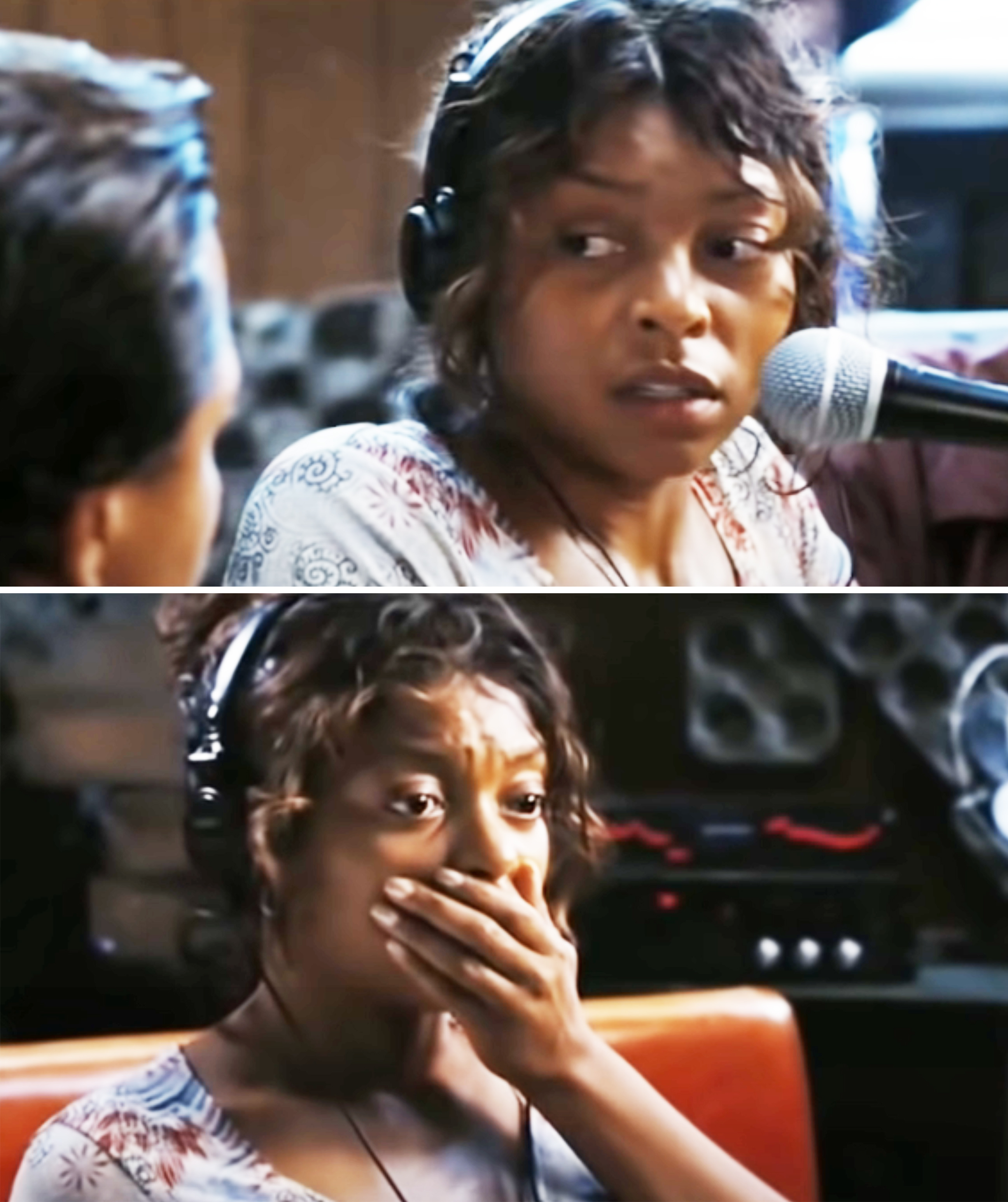 Two scenes from a film showing a female character with headphones speaking into a microphone and reacting with surprise