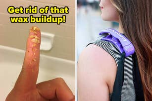 ear wax on a finger and text that reads get rid of that wax buildup; a person carrying bags on their shoulder using a click and carry